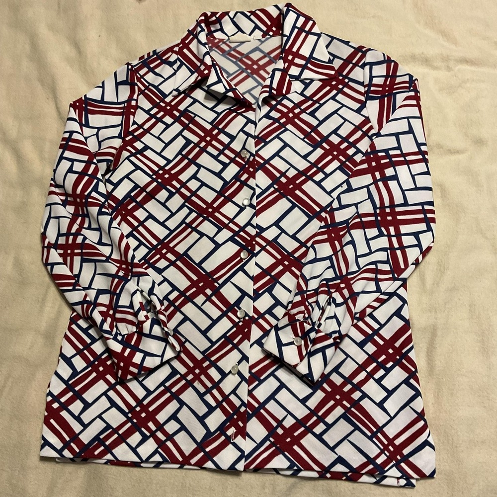 Vintage Sears Shirt Womens 14‎ White Red Blue Geometric Print Button Front 70s